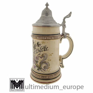 Antiker Steinzeug Hochzeit Bierkrug glasiert Zinndeckel 1/2L beige - Bild 1 von 8