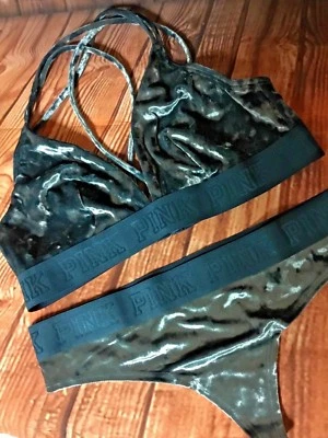Victoria's Secret PINK L large Velvet Bralette Bra thong set deep ocean New - Image 1 of 2