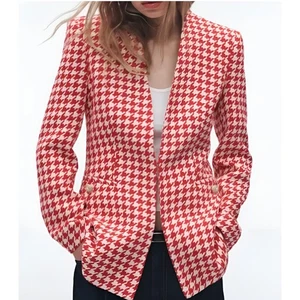 Zara Textured Tweed Open Front Houndstooth Blazer Jacket Red Ecru Size XS - Picture 1 of 8