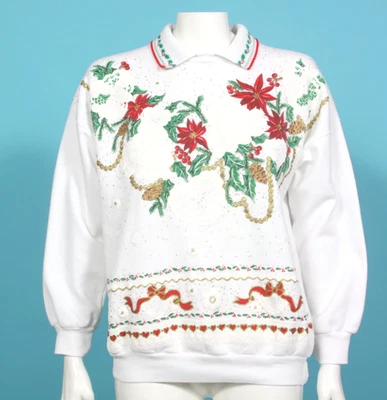 LAND N'SEA Vtg 90s Christmas Poinsetta Lace Heart Cottage Sweatshirt sz S /918 - Image 1 of 4