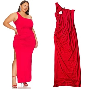 Remi x Revolve Gigi Kleid in Kirschrot Neu mit Etikett 1X One Shoulder Maxi Rüschen Stretch - Bild 1 von 4