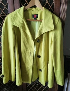 🧥EUC Gallery Button Down Lime/Spring Green Rain/Trench Jacket Lined Pockets L - Picture 1 of 14