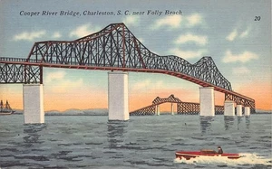 Postcard VA: Cooper River Bridge, Charleston, South Carolina, Vintage Linen - Picture 1 of 2