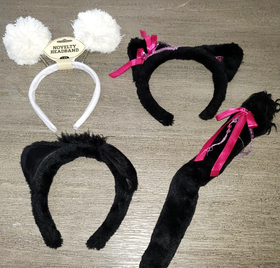 NIÑAS DIADEMA OREJAS DE GATO PELUDO NEGRO COLA A JUEGO POMPONES BLANCOS NUEVO HALLOWEEN Foto 1 de 1