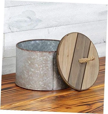  7 inch Round Decorative Rustic Galvanized Metal Storage Box with Wooden Lid,  - Image 1 of 4