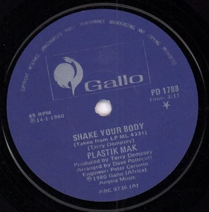 Plastik Mak Shake Your Body 7" vinyl South Africa Gallo 1980 white paper outer - Picture 1 of 2