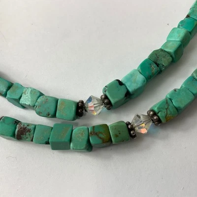 Collar Turquesa Cubo Genuino De Colección Plata de Ley y Cuentas de Cristal Transparente 17.5" Foto 1 de 4