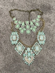 2 Big Jewel Statement Necklaces Turquoise Light Green Gold Chain Chunky Heavy - Picture 1 of 4