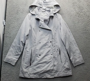 Liz Calibrone Trench Coat Womens Small Gray Hooded Pockets Snap Front Inside Zip - Picture 1 of 13