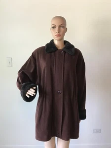 Larry Levine Brown Wool Blend Coat Jacket Faux Fur Trim Zipper Made In USA 6 S/M - Picture 1 of 12