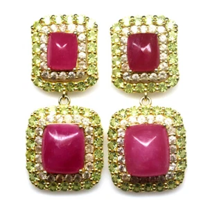 Gemstone Red Pink Ruby, Peridot & Zircon Earrings 925 Silver 18K Gold Plated - Picture 1 of 4