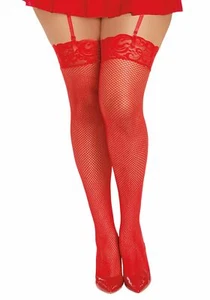 womens Plus Size Lace Top Fishnet Thigh High adult exotic hosiery Red Q S US - Picture 1 of 2