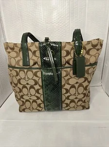 Coach Signature Tan Tote Purse with Python Green Stripe (Coach F25706) - Picture 1 of 6