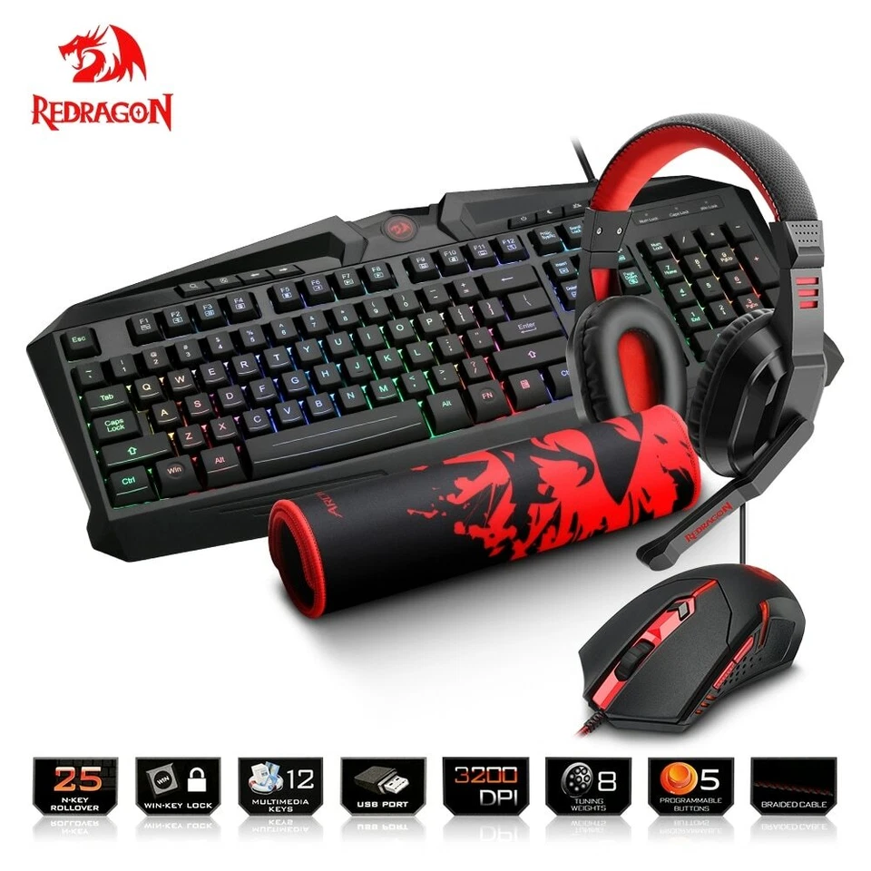 Gaming Keyboard Mouse Earset and Pad Set USB 104 keys Mechanical Feel Wired  - Image 1 of 4