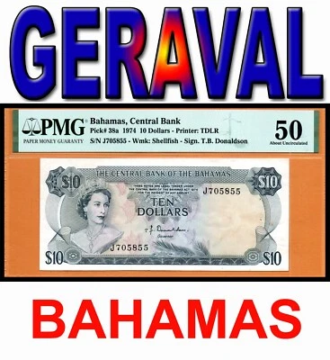 Bahamas AU Banknote 10 Dollars 1974 P-38a PMG 50 About Uncirculated - Image 1 of 4