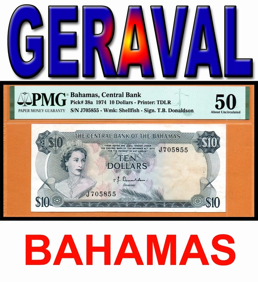 Bahamas AU Banknote 10 Dollars 1974 P-38a PMG 50 About Uncirculated - Image 1 of 4