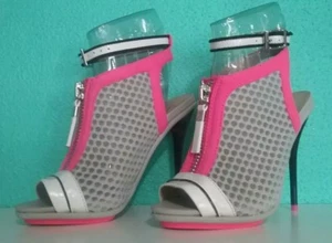NUEVO GWEN STEFANI Talla 6 Rosa Caliente Gris Malla Correa al Tobillo PeepToe Botines Tacones Altos - Imagen 1 de 11