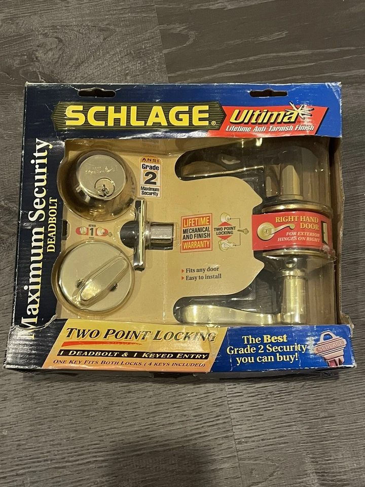 Puerta derecha de latón brillante Schlage Ultima máxima seguridad 1 cerrojo 1 llave de entrada Foto 1 de 4