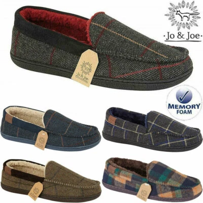 MENS SLIPPERS MOCCASINS SHEEPSKIN FUR PEAKY BLINDERS MEMORY FOAM TWEED SHOES - Image 1 of 4