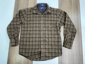 VTG Pendleton Mens L Fitted Virgin Wool Lodge Button Shirt Flannel Brown Plaid - Picture 1 of 10