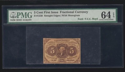 US 5c 1st Issue Fractional Currency w/ "ABC" FR 1230 PMG 64 EPQ V Ch CU (-001) - Image 1 of 2