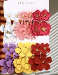 Bohemian Style Metallic Colorful Flower Earring Set 6 pair - Picture 1 of 2