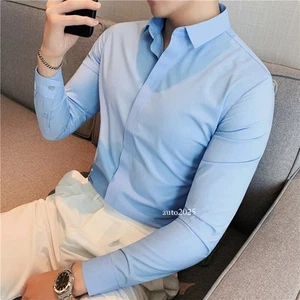 Men Long Sleeved Shirt Anti-wrinkle Soft Casual Elastic Slim Fit Men Clothing - Picture 1 of 29