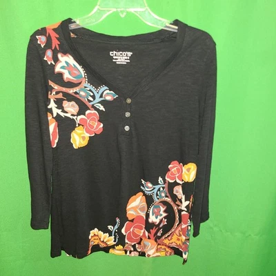 3209) NUEVO SIN ETIQUETAS CHICO'S 0 Negro Floral Algodón Jersey Tejido Top Camiseta Manga 3/4 Nuevo 0 Foto 1 de 4