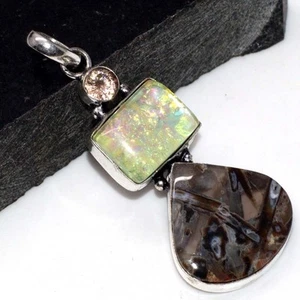 925 Silver Plated Stick Agate Opalite Long Pendant Jewelry Size 2.3" AU a816 - Picture 1 of 3