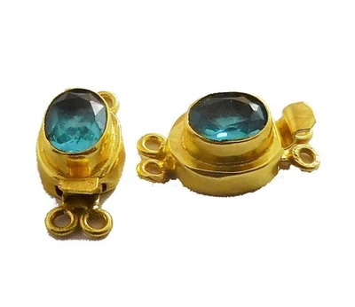 2 Pc Oval Blue Topaz Gemstone Box Clasp 2 Strand 18k Gold Plated - Image 1 of 3