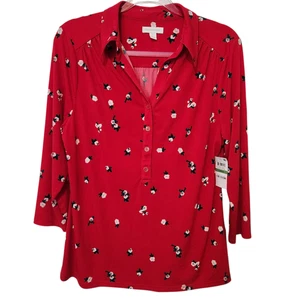 Charter Club Shirt Womens Large Red Floral 3/4 Sleeve Polo Top Stretch Button Up - Picture 1 of 13