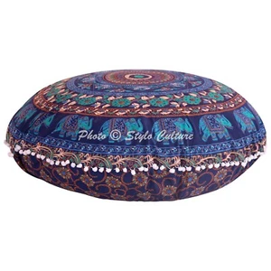 Ethnic Round Floor Cushion Cover Mandala Elephant Pom Pom 32x32 Cotton Pouffe - Picture 1 of 3