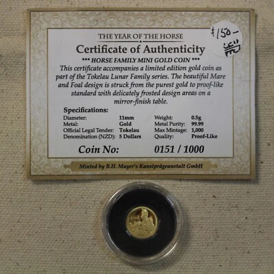 2014 Tokelau $5 Year of the Horse 0.5 Gram .9999 Gold Proof w/ COA - Image 1 of 3
