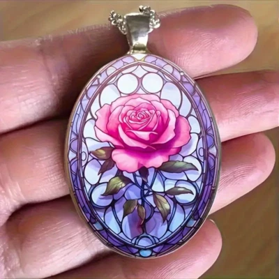 Flower Rose Oval Necklace Jewelry Vintage Silvery Gothic Pink Love Pendant C - Image 1 of 3