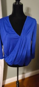 Low Cut Deep-V Slim Long Sleeved Knit Crossover Top T Shirt Small Electric Blue - Picture 1 of 2