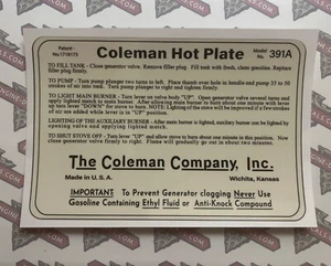 Calcomanía Coleman para estufa tanque placa caliente 391A estilo temprano. "1 calcomanía de 6"" X 4""" - Imagen 1 de 2