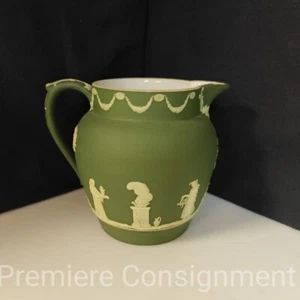 Antique Wedgwood Dark Olive Green Jasperware small 4.25" Tall Barrel jug/pitcher - Picture 1 of 18