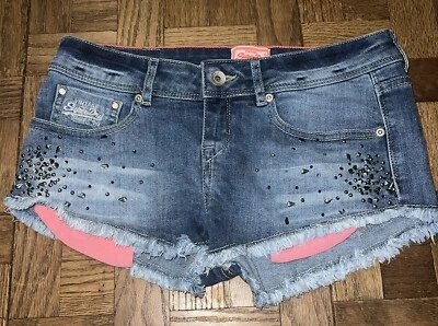 Vintage Superdry Women 26 Denim Shorts Pink Cutoff Low Rise Stretch Beaded Booty - Image 1 of 4