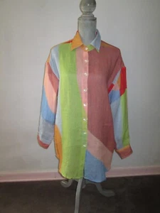 VITAMIN A Playa Linen Boyfriend Shirt Color Block Long Sleeve Button-Up Size L - Picture 1 of 5