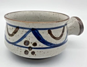 Stoneware Soup Mug Crock Bowl Handle Vintage Blue Brown Hand Painted Mug - Picture 1 of 10