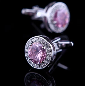 Solid 935 Silver Lab-Created Round Cut Pink Sapphire & White CZ Men's Cufflinks - Picture 1 of 4