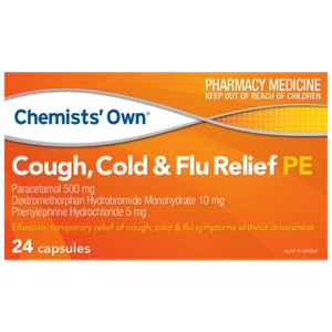 Chemists' Own Cough, Cold & Flu Relief PE 24 Capsules Headache Fever - Picture 1 of 1