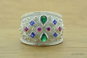 EMERALD RUBY SAPPHIRE RING, ETRUSCAN RING, BYZANTINE RING, STERLING SILVER,  - Picture 1 of 7