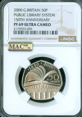 2000 GREAT BRITAIN LIBRARY 50 PENCE NGC PF69 UCAM MAC FINEST GRADE & SPOTLESS  . - Image 1 of 2
