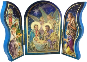 Natural Wood Triptych with Holy Family and Guardian Angels Nativity Scene, 3 1/2 - Picture 1 of 12