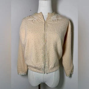 VINTAGE 1950s MARFINA BOUTIQUE sequin lambswool angora CARDIGAN SWEATER - Picture 1 of 9