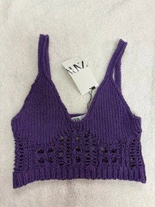 NEU Zara Baumwollmischung Einfarbig Lila Häkel Pullover Strick Crop Tank Top Small - Bild 1 von 7