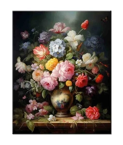 Flower in a Vase still life vintage Classical Painting Printed on canvas - Picture 1 of 7