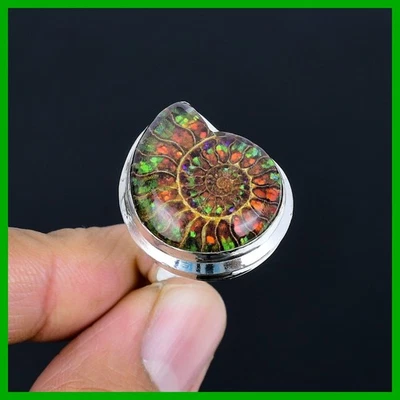 Halloween Deal Ammolite In Ammonite Fossil Stone Boho Promise Ring 925 Silver - Image 1 of 4