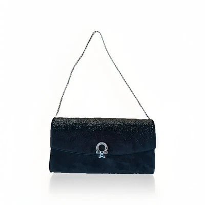 FERRAGAMO EMBELLISHED GANCINI CLIP SUEDE EVENING BAG OMBRE BLACK - Image 1 of 3